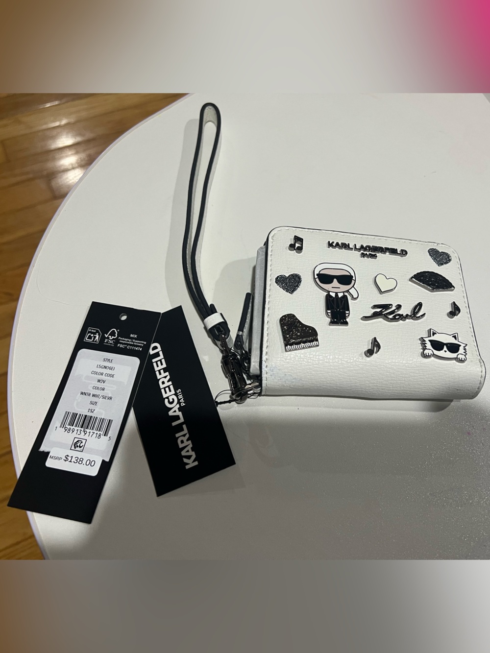 Karl Lagerfeld White Zip Wristlet wallet Card Holder with Icon Patches